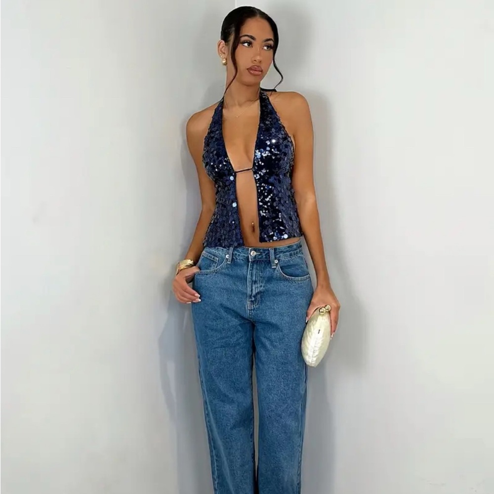Glamorous Navy Sequin Halter Crop Top